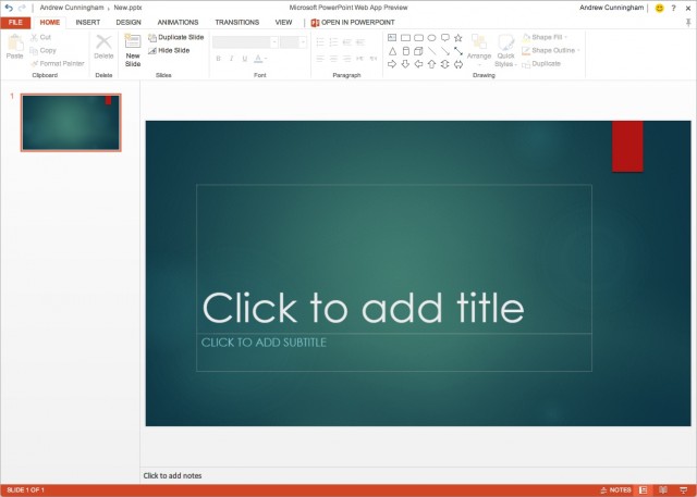 As in the desktop app, new PowerPoint decks created in the PowerPoint 2013 Web App are 16:9 rather than 4:3.
