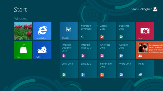 The ten tiles of Office 2013, plus a link to the Office 365 service. Silverlight photobombed the group shot.