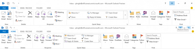 Above, Outlook 2013's ribbon in touch mode. Below, the ribbon in normal mode.