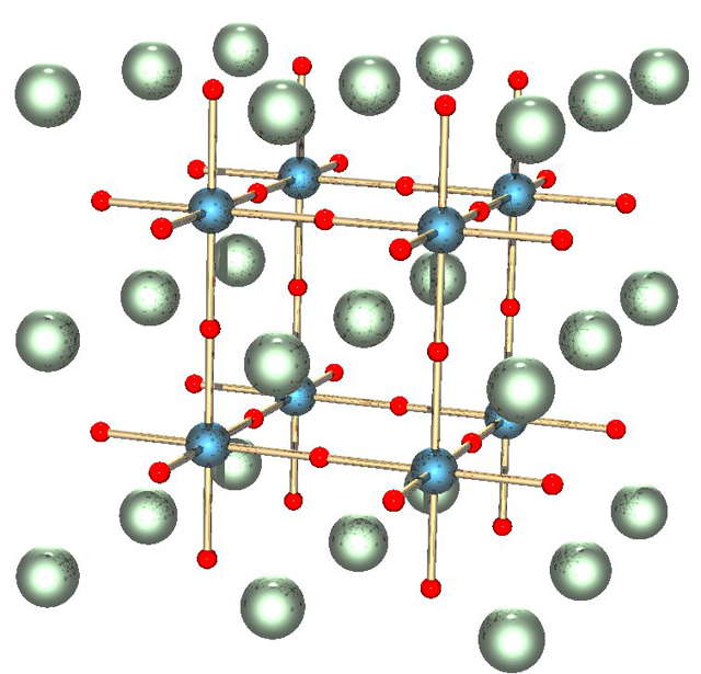 Both lanthanum aluminum oxide and strontium titanium oxide form perovskite structures like the one illustrated here.
