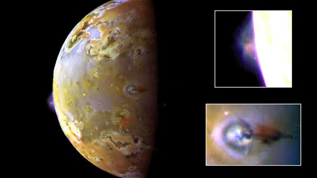 Color composite image from the robotic Galileo spacecraft that orbited Jupiter from 1995 to 2003.  At the image top, over Io's limb, a bluish plume rises about 140km above the surface of a volcanic caldera. In the image middle, near the night/day sha