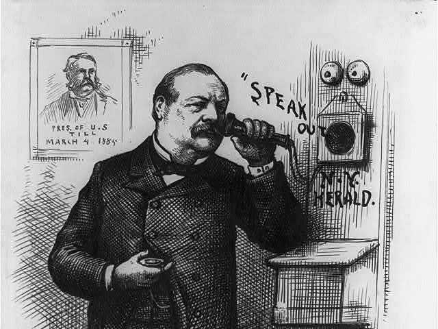 A New York Herald graphic of President Grover Cleveland answering the telephone. 