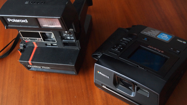 Left: A 600-series OneStep camera circa the early 80s. Right: The new Polaroid Z340 