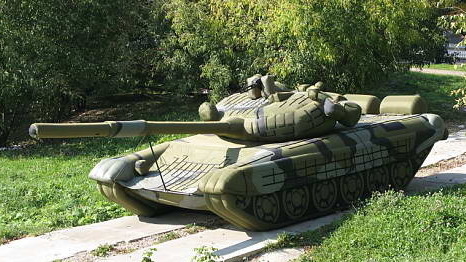 A tank like this one from Rusbal's Rusdecoy line sat on the front lawn of Dotcom Mansion