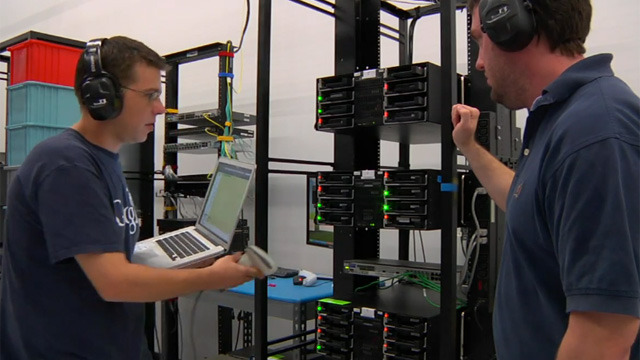 Google technicians test hard drives at their data center in Moncks Corner, South Carolina