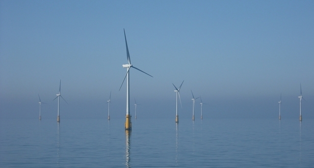 Offshore wind turbines in the Irish Sea, in calm weather.