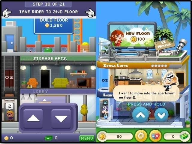 NimbleBit's <i>Tiny Tower</i> (left) and Zynga's <i>Dream Heights</i> (right) might seem pretty similar, but as far as copyright law goes, they're probably legally distinct