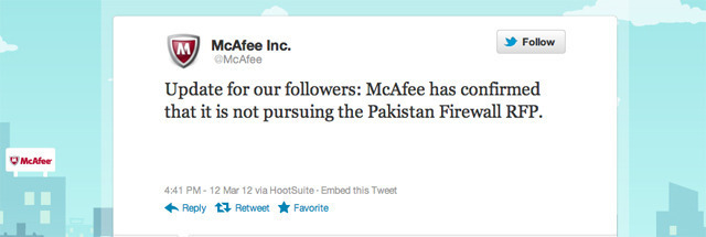 McAfee became the latest major IT company refusing to work with the Pakistani government