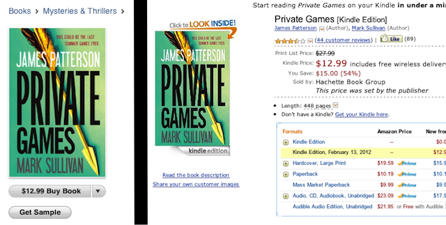 Left, a book from the publisher Hachette Digital, one of the publishers that may be colluding with Apple on e-book prices; right, the same book on Amazon, for the same price.