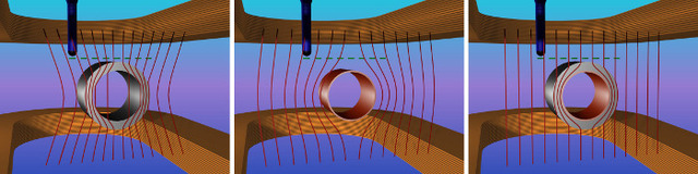 This artist's depiction shows how to make a magnetic cloaking device. Ferromagnetic materials attract magnetic fields (left), while superconductors expel magnetic fields (middle). Combining the two in a particular way cancels out the individual effects, l