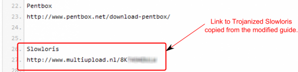 Anonymous DoS guide with copied trojanized Slowloris link