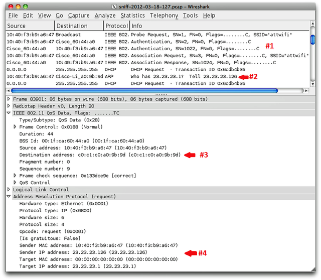 This screen capture of a Wireshark session initiated by hacker Rob Graham shows his iPad 3 exposing the MAC address of his home router. The unique identifier could be viewed by anyone connected to the Starbucks hotspot he accessed.