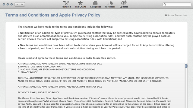 Apple has updated iTunes' Terms of Service to note that in app subscriptions may now come with a free trial.