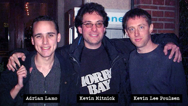 Lamo, left posing with fellow hacker friends Kevin Mitnick and Keven Poulsen circa 2001.
