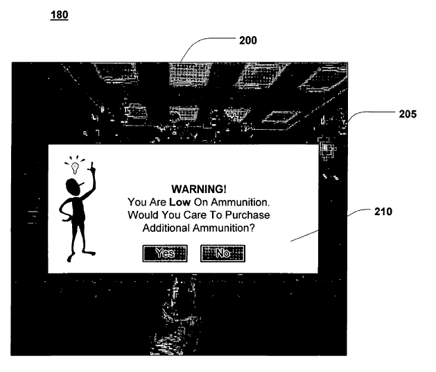 This patent illustration, filed in 2000, shows that annoying in-game purchase appeals may have been a legally enforceable idea well before <i>FarmVille</i> hit the big time.