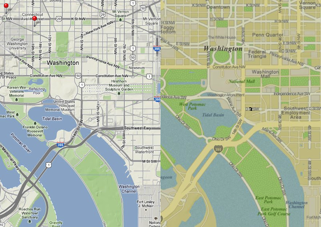 Washington D.C. displayed in iPhoto for Mac OS X powered by Google Maps, left, and iPhoto for iOS, right. Some areas are labeled on one but not the other (e.g. The White House) and vice versa.