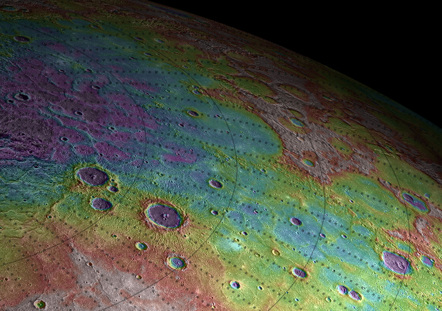 A topographic map of Mercury constructed from data taken by the MESSENGER probe. The colors indicate elevation, with purple indicating low-lying regions and red meaning higher elevations.
