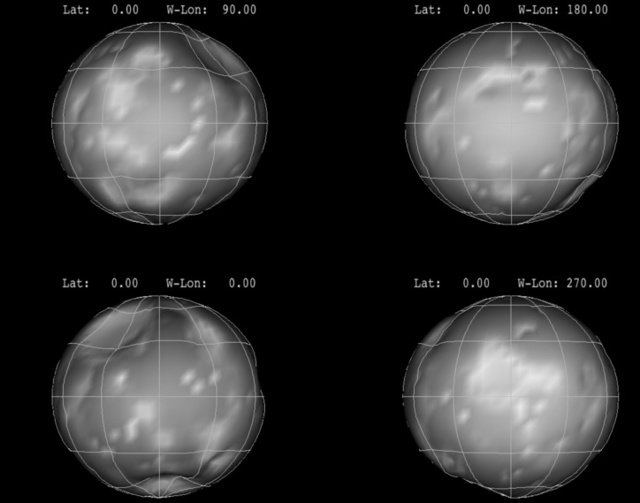 Four views of Phoebe from Cassini images, with an overlaid grid to show how it deviates from being spherical.