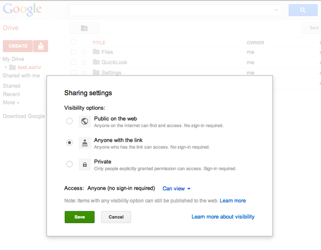 Google Drive's privacy settings for files.