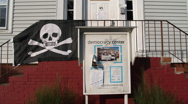 A Pirate flag hangs at Cambridge's Democracy Center, site of the Massachusetts Pirate Party conference