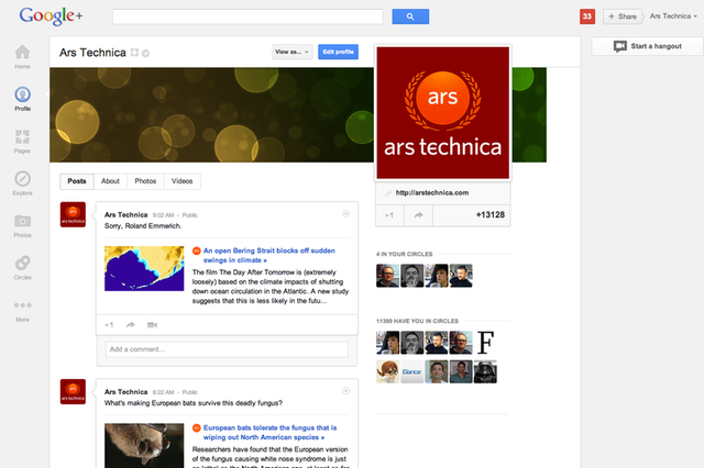 The Ars Technica Google+ page viewed in the new updated design