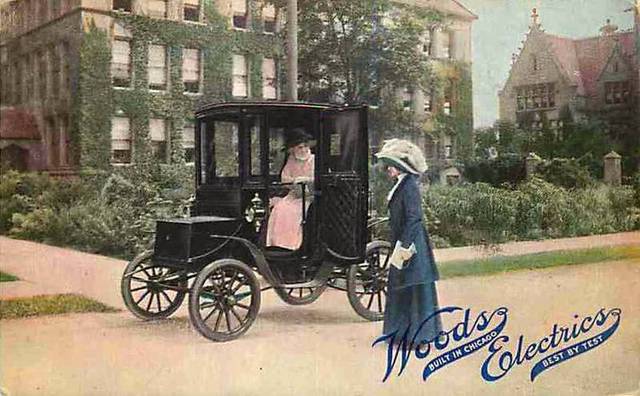 A postcard of the Woods Electric Car, circa 1912. 