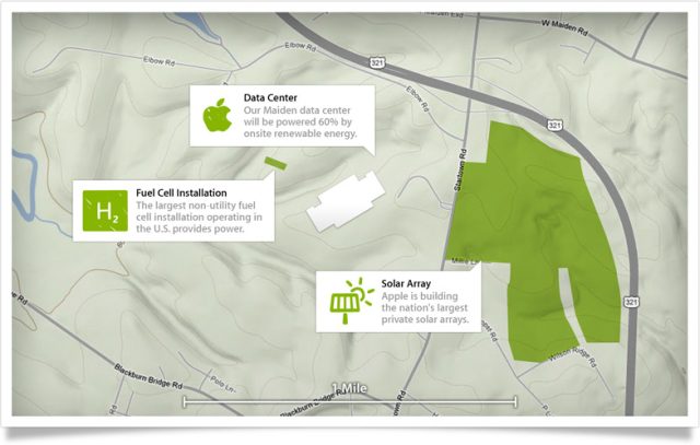 Apple's Maiden, North Carolina data center will be largely powered by Apple's own solar panel arrays and methane-powered fuel cells.