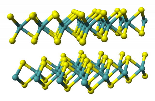 Molybdenum disulphide consists of sulfur (yellow spheres) and molybdenum (blue spheres) in a staggered hexagonal structure. The links between each pair of sulfur and molybdenum atoms allow for special energy valleys, leading to a new type of electronics.
