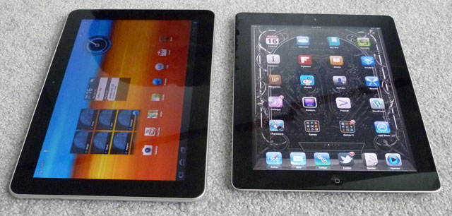 A Samsung Galaxy Tab 10.1 (left) and Apple iPad 2 (right)