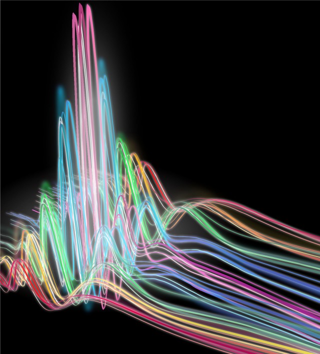 Artist's impression of high-harmonic generation: turning a single infrared frequency of light into thousands of new frequencies, including X-rays.