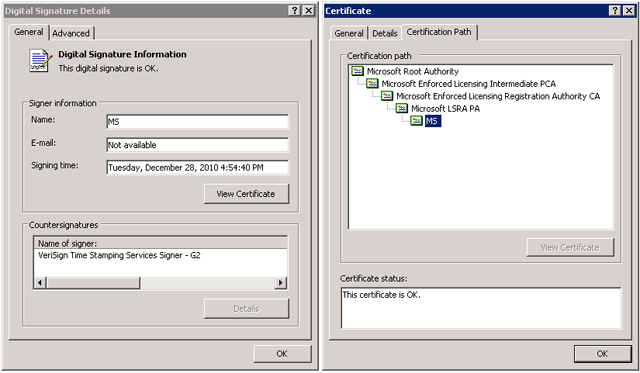 The certification path of the certificate used to sign WuSetupV.exe, which masquerades as a legitimate Windows Update from Microsoft.