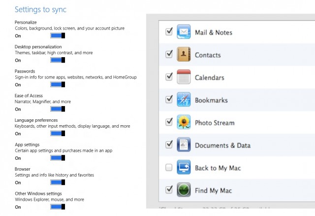 Windows 8's sync options side-by side with Apple iCloud. Microsft takes a different approach to sync, focusing on user configuration information rather than documents and other user data.