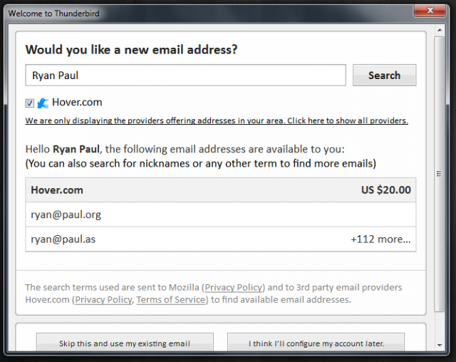 Personalized e-mail feature in Thunderbird 13 lets users register a domain name