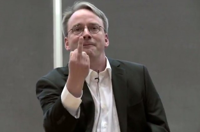 Linus Torvalds giving NVIDIA a single-digit salute.