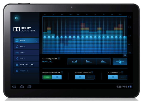 Dolby Digital Plus for Tablets, shown here in a preliminary form, is a reasonably successful software fix for a pervasive hardware problem—namely, the low-rent speakers in most tablets.