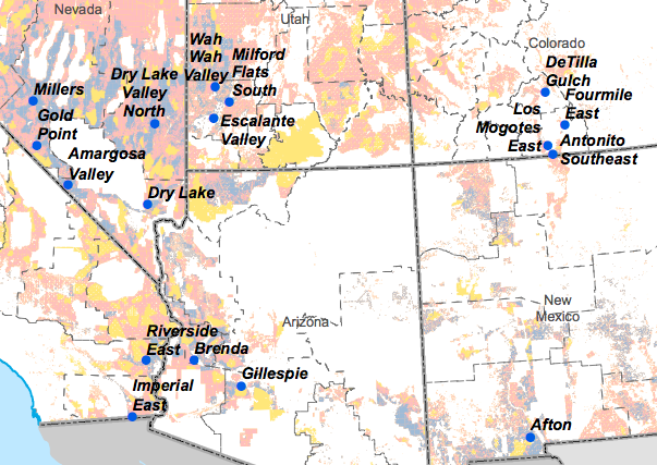 The west's Solar Energy Zones, highlighted in blue.