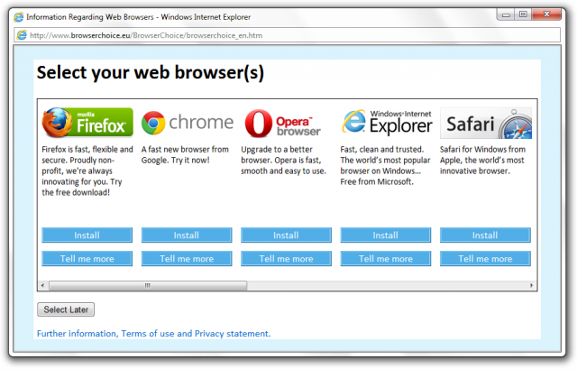 The browser choice screen displayed to European Union users of Windows.