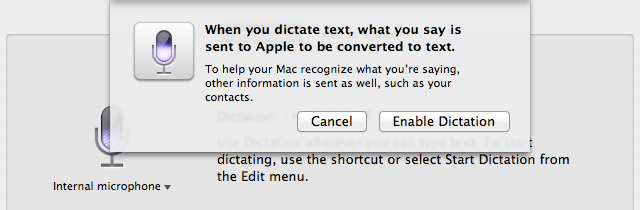 This warning appears when enabling the dictation feature.