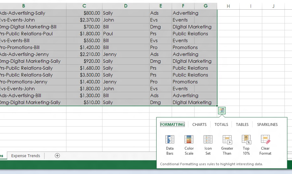 use quick analysis tool in excel 2013