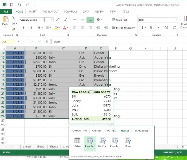 The Quick Analysis "lens" can look at the columns of data in a selected block of cells and suggest auto-created pivot views based on their contents, previewing the table before you click it.