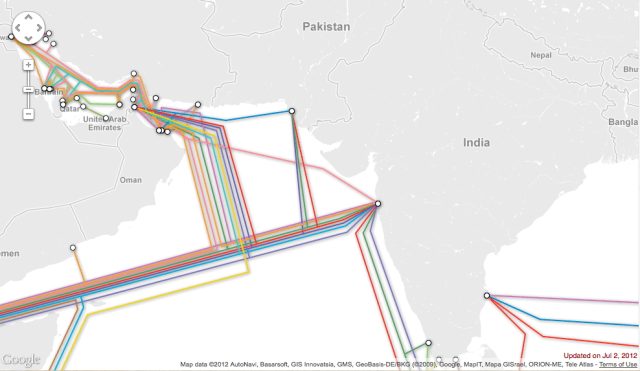 Much of Oman's Internet traffic is routed through India, as well as the Suez Canal.