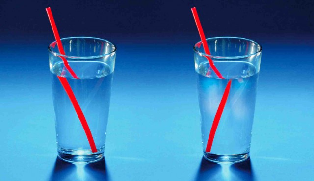 Ordinary materials refract light, making the straw appear bent or broken as in the left image. Some special materials have negative refraction, which bends light in the opposite direction, as depicted on the right.