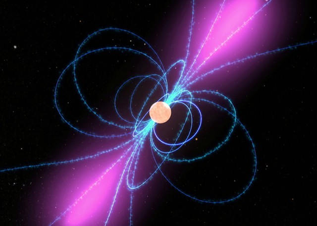 Artist's impression of a neutron star, showing the intense magnetic field lines (in blue) surrounding it. Such strong magnetic fields could create a new type of molecule.