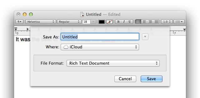 TextEdit humbly suggests saving your document in iCloud.
