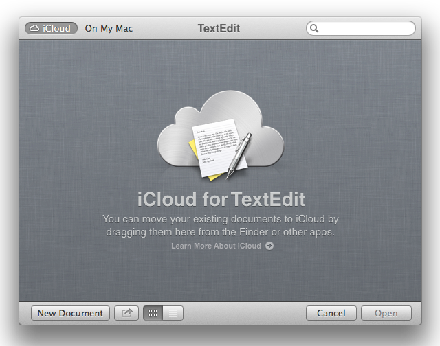 The new face of the open/save dialog box. Drag files from the Finder into this window to move them to iCloud.