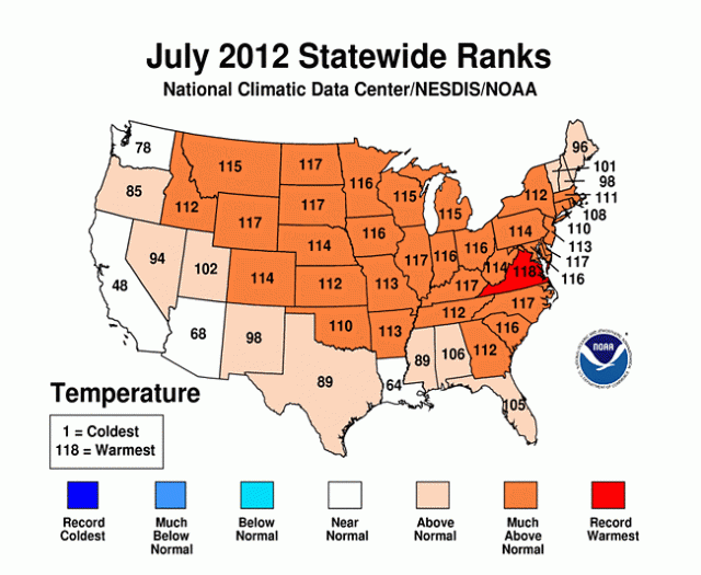 The state-by-state rank of July temperatures out of 118 years of records. Only one state set a record at 118, but a huge band of states ranked above 110.
