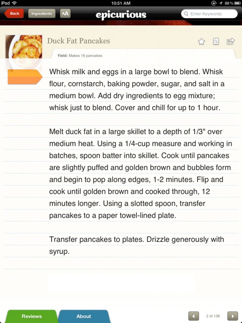 Epicurious is an old favorite. The yellow slider shows you where you are in the instructions.