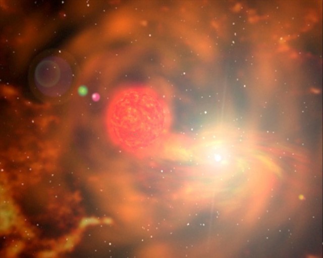 Artist's impression of a red giant companion star dumping gas onto a white dwarf. Such a binary system may be the progenitor of some type Ia supernovae.