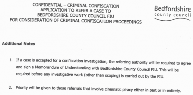 The instructions of the BTSFIU asset confiscation form notes that priority is given to piracy cases.